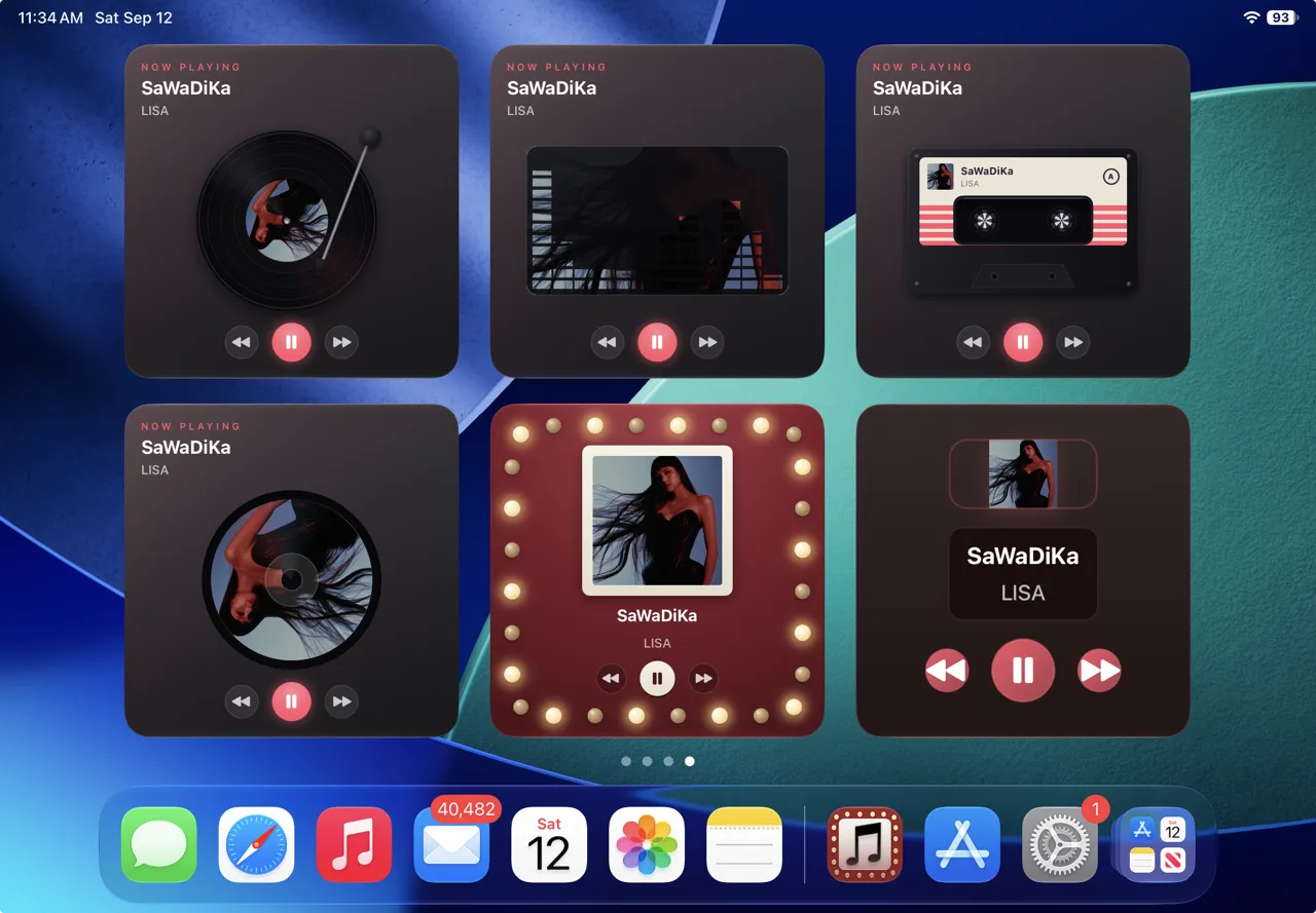 iPad home screen with six Marquee widgets side by side: Vinyl, Equalizer, Cassette, CD, Marquee, and Music Player, all showing the same now-playing song