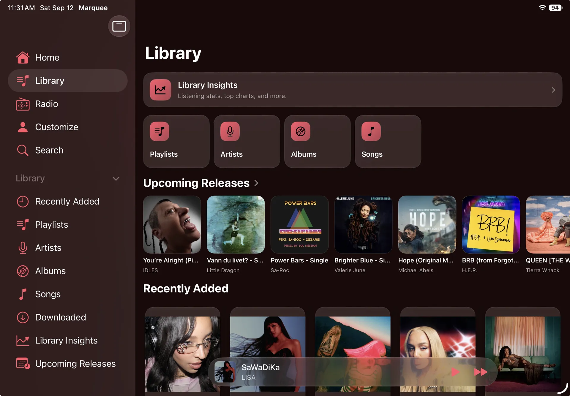 Marquee on iPad in landscape: a sidebar listing Home, Library, Radio, Customize, Search, and an expanded Library section beside the Library screen with Upcoming Releases and Recently Added, with the Now Playing pill at the bottom