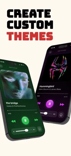 Custom color themes for Apple Music: two iPhones showing Marquee players in green and purple themes