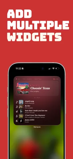 Apple Music home screen widget on iPhone showing the play queue in Marquee