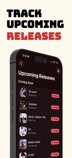 Upcoming Releases screen in Marquee tracking new Apple Music albums with release countdowns