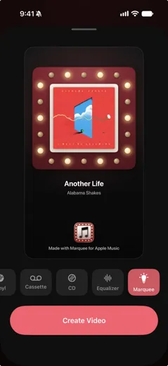 Share to Stories screen in Marquee turning an Apple Music song into a story-ready video with the Marquee look
