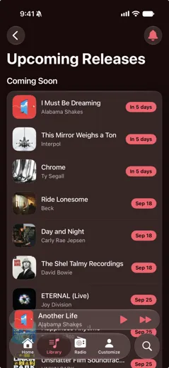 Upcoming Releases screen in Marquee tracking new Apple Music albums with release countdowns