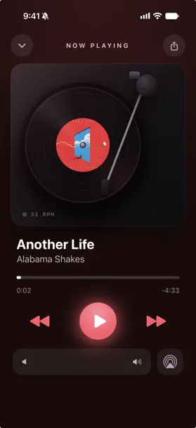 Marquee Vinyl player style spinning an Apple Music song on a turntable at 33 RPM