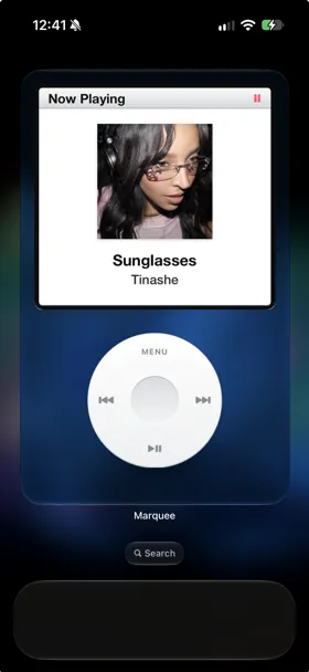 Marquee Retro Player widget on an iPhone home screen in a blue theme, showing the album art and song above a white wheel