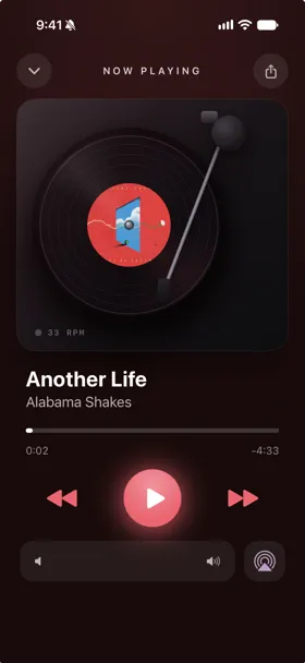 Marquee Vinyl player style spinning an Apple Music song on a turntable at 33 RPM
