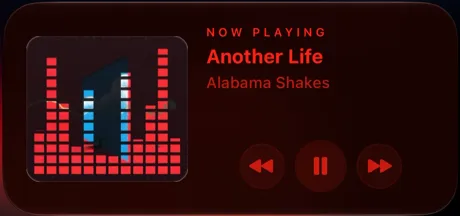 Marquee Equalizer widget showing an Apple Music album cover as red and blue equalizer bars beside Now Playing controls