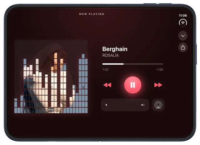 Marquee Equalizer player on the iPhone Duo inner display in landscape, with dancing album art on the left and playback controls on the right