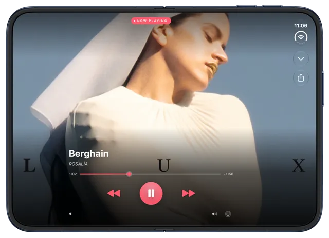Marquee Full-Screen player on the iPhone Duo inner display, with album art filling the screen and controls along the bottom
